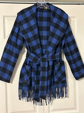 Womens POLO RALPH LAUREN Sz S Black & Blue Buffalo Plaid Jacket Coat w/ Fringe